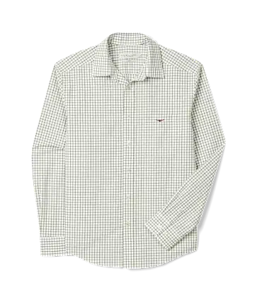 White long-sleeved button-down shirt with a small green grid pattern and a small logo on the left chest.