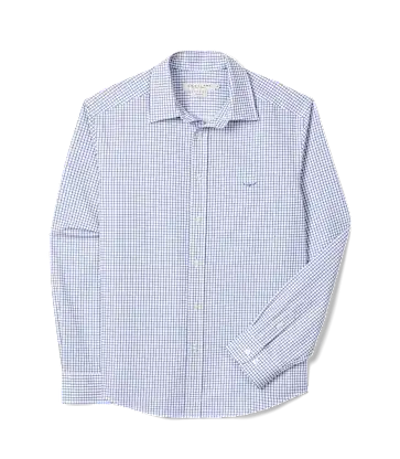 Blue and white gingham long-sleeve button-up shirt with a collar.