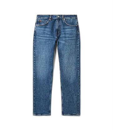 Blue denim jeans with a straight-leg fit.