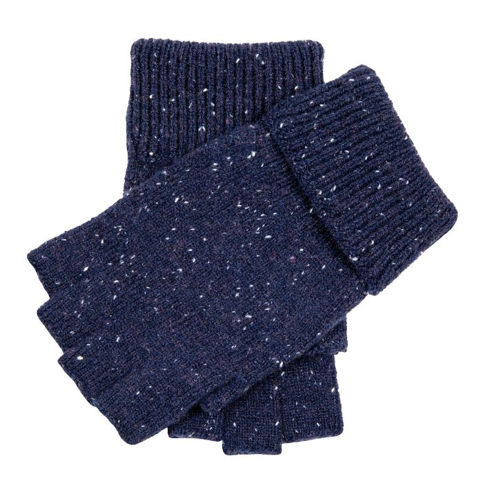Pair of dark blue knitted fingerless gloves with white flecks.