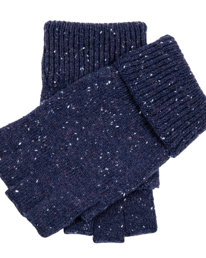 Pair of dark blue knitted fingerless gloves with white flecks.