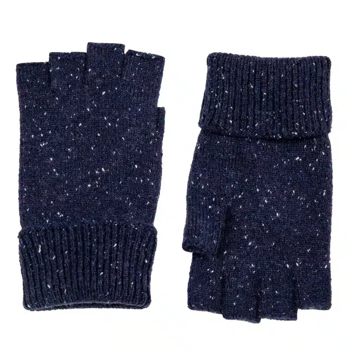 A pair of navy blue speckled knitted fingerless gloves with ribbed cuffs.