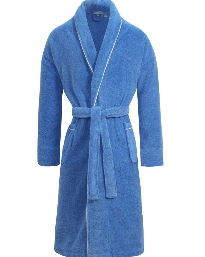 Blue towelling dressing gown with shawl collar, white piping, front pockets and tie belt