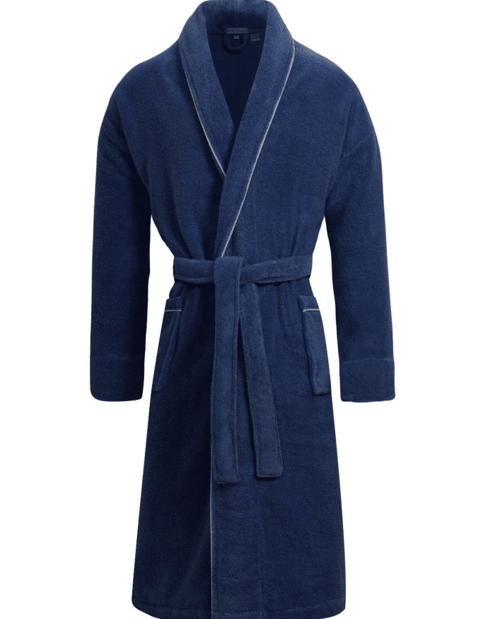 Navy blue towelling dressing gown with shawl collar, pale piped edging, two front pockets and tied belt